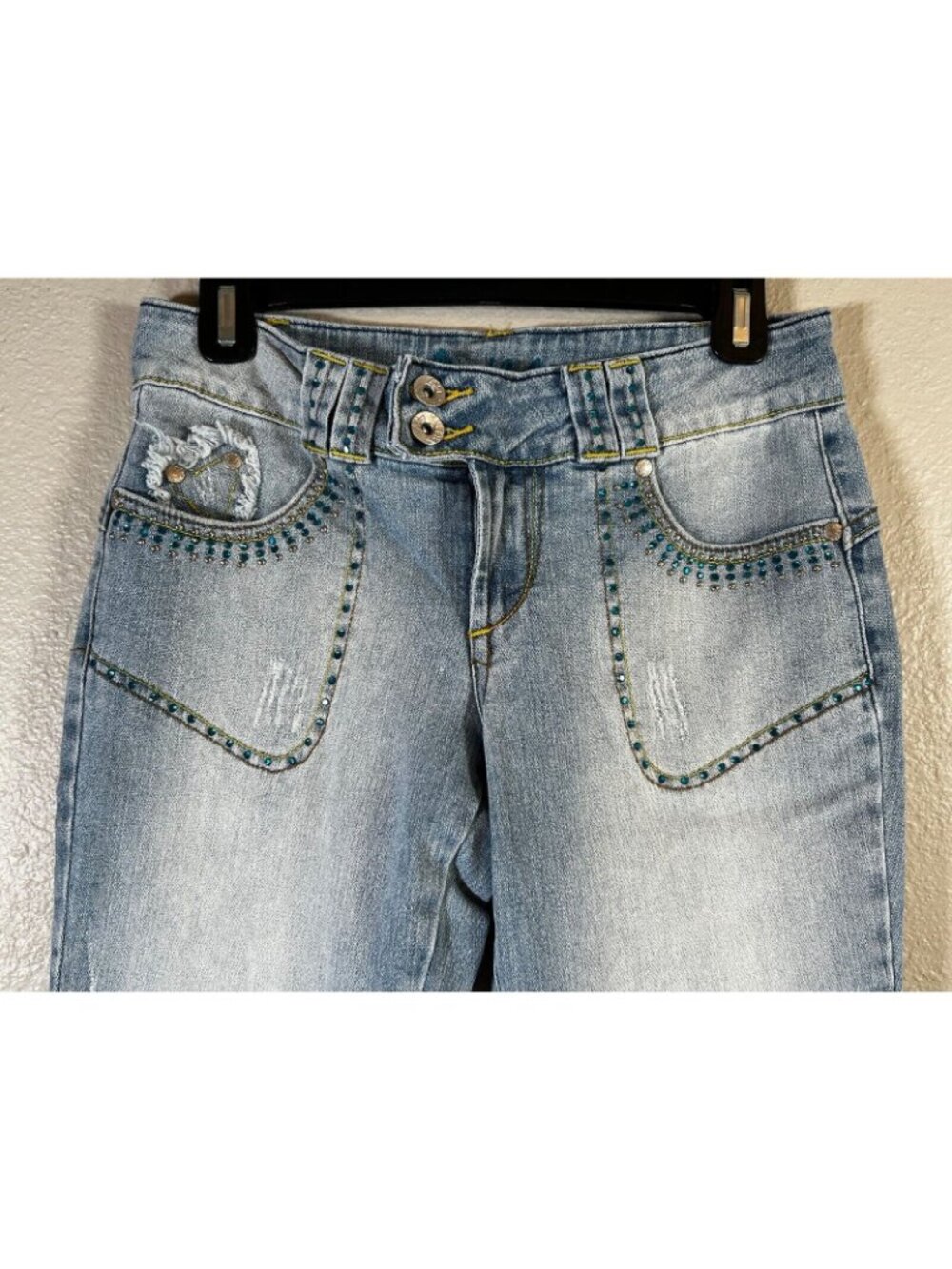 Ab Womens Boot Cut Jeans Blue Juniors 7 Distressed Rhinestone Light Low Rise Y2K - Picture 4 of 11